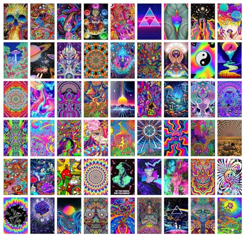 Image of Pack of 54 Psychedelic Wall Collage Kit Posters - 4 x 6 Inches Wall Decor Poster - Wall Art For Bedroom, Living room, Office - 1 Tissue Tape
