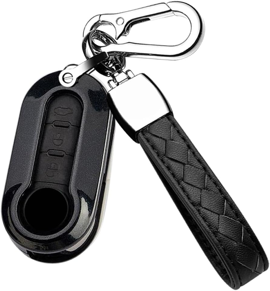 HIBEYO Key Fob Cover Compatible with Fiat Ducato 500 500L Panda Grande Punto Lancia Musa 3 Button Keys Car Accessories ABS Smart Remote Auto Key Case with Long Key Chain(Black)