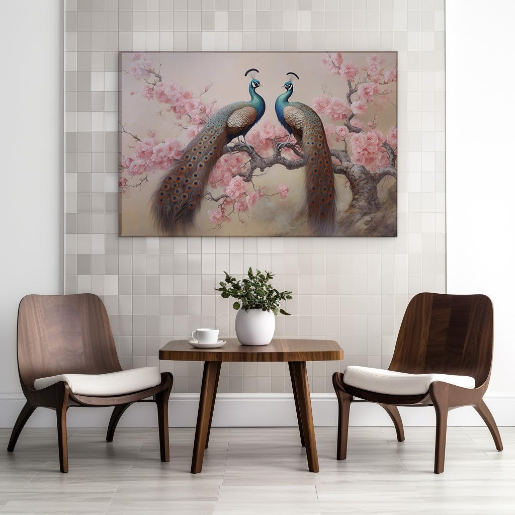 Canvas for Living room. Peacock Elegance Amidst a Blossoming Bower, 27 x 18 inch Canvas Wall Art - Contemporary Masterpieces - Modern Home Decor - 69x46 cm (27x18 inch)
