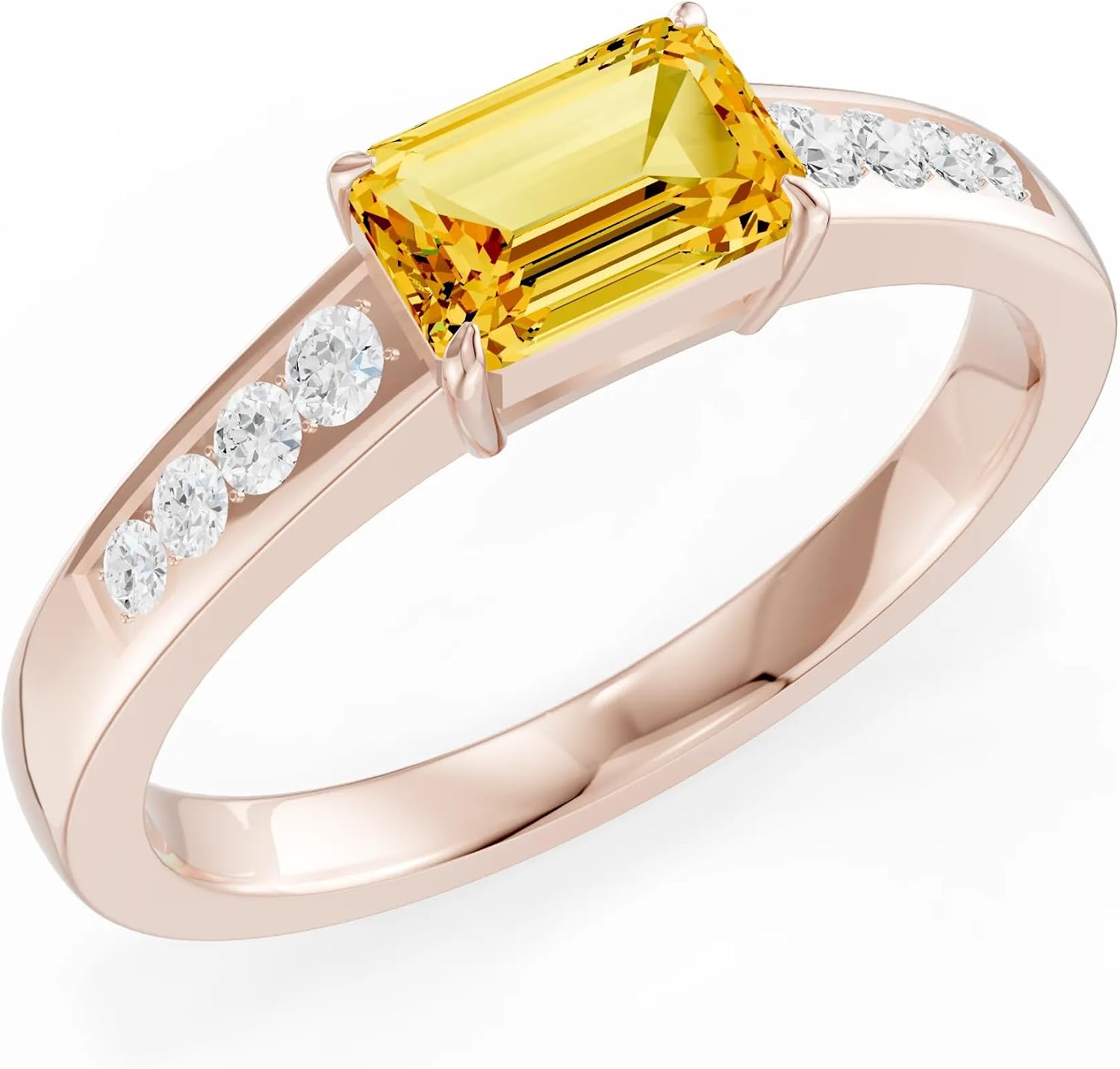 PEORA Emerald Cut Cut Citrine Solitaire Band Available in Solid 10K, 14K or 18K Ring – White, Yellow or Rose Gold