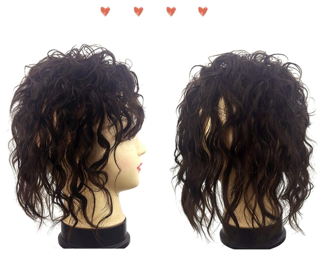 Clip en cabello humano real rizado Topper Hairpiece con flequillo para mujeres con pelo adelgazante, negro