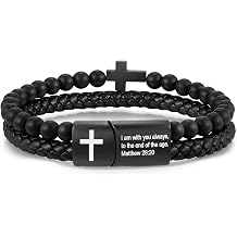 Mens Cross Bracelet for Men - Bible Verse Bead Rosary Braided Black Genuine Leather Bracelets, Bangle Engraved Love You Forever, Christian Catholic Religious Jewelry Christmas Gifts Ideas for Man