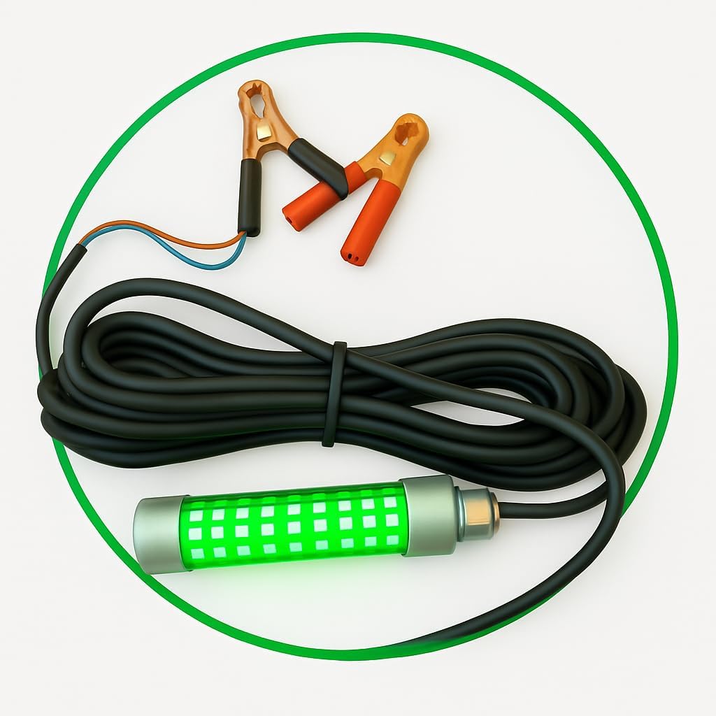 12 Volt Green LED Drop Light for Kayak Fishing, Submersible Underwater Light with 15 ft Power Cord, Portable Fishing Light