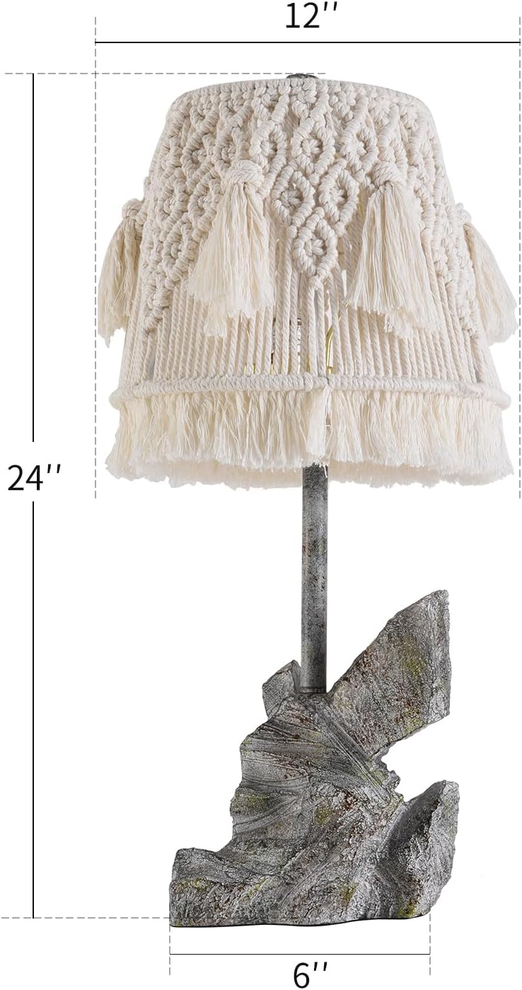 24" Tall Retro Desk Lamp with Bohemian Cotton Rope Macrame Lampshade & Handcrafted Resin Base, Vintage Decorative Table Lamp, Suitable for Living Room, Bedroom, Office - Ivory White