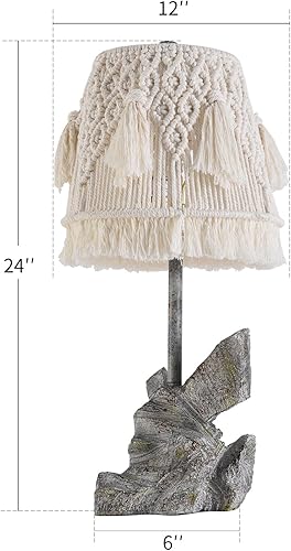 Miniatura 3 de Lámpara de mesa rústica de 24 pulgadas con pantalla de cuerda de algodón bohemia hecha a mano y base de roca artificial, luz decorativa verde musgo