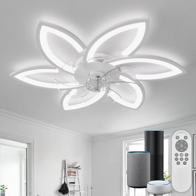 YUNLONG Okos Mennyezeti Ventilátor Virág Dizájnnal, Szabályozható LED Világítással, Alexa Kompatibilis, Távirányítóval, Bluetooth Vezérlés