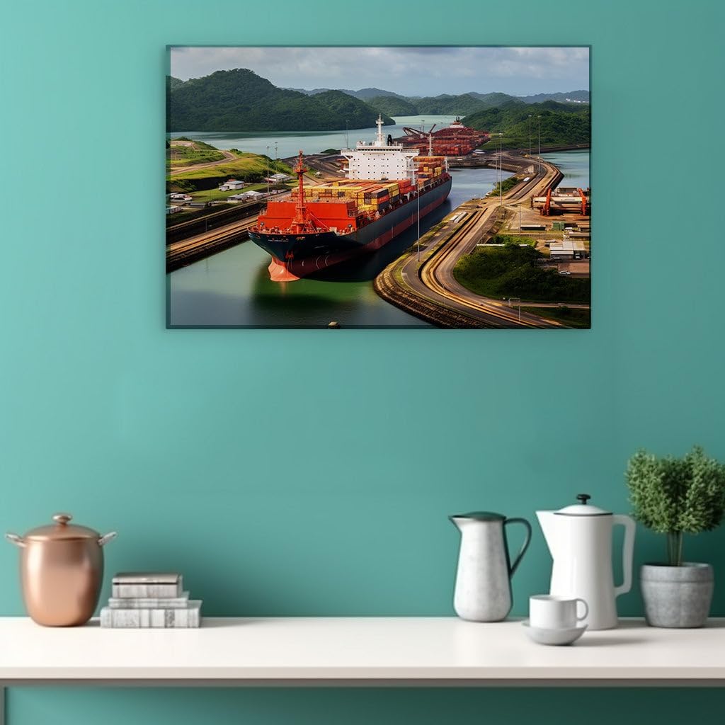 Canvas for Living room. Navigating Nature�s Majesty: A Cargo Giant's Voyage Through the Panama Canal's Lock System, 27 x 18 inch Canvas Wall Art - Modern Home Decor