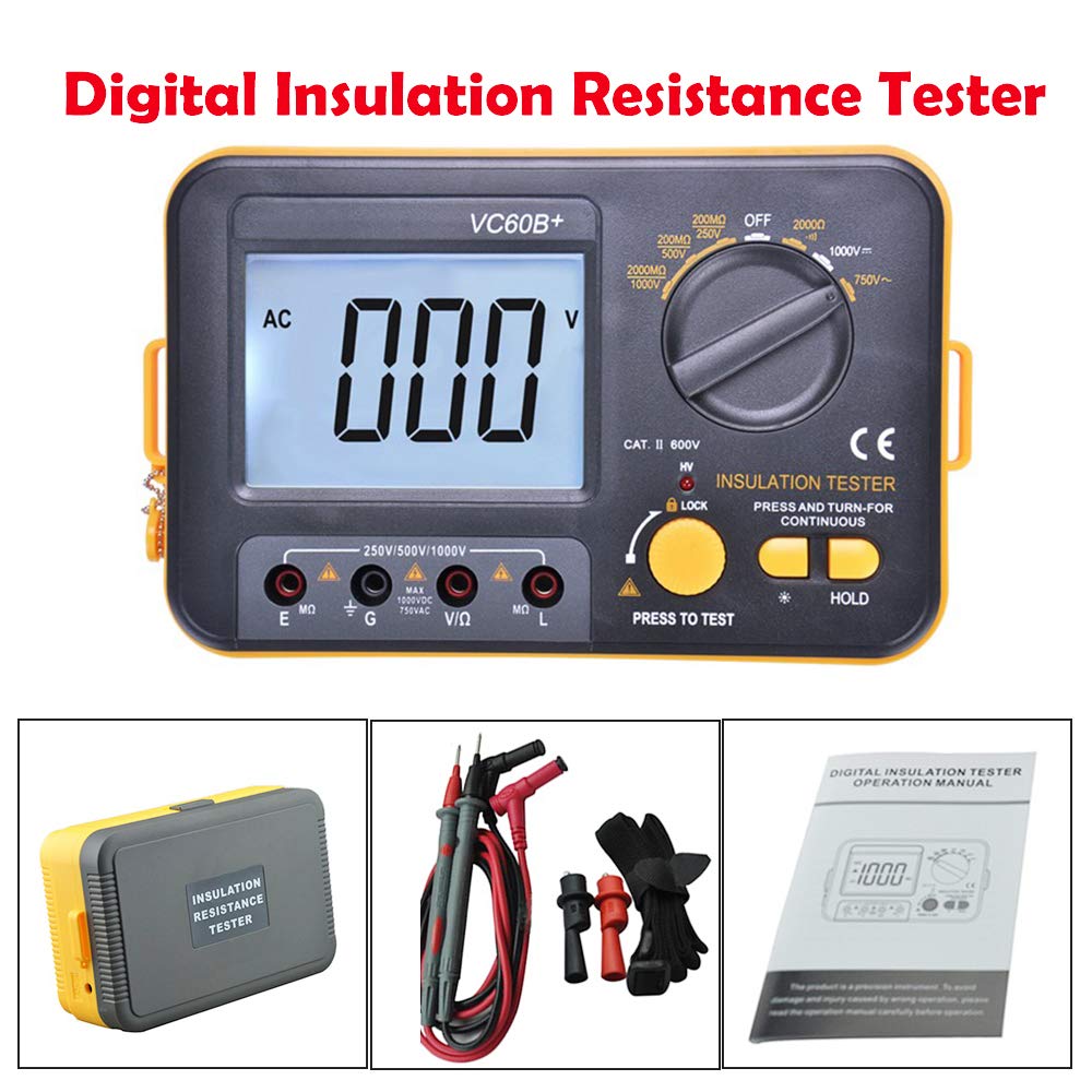 Digital Insulation Resistance with 10A Test Leads, Tester Megohmmeter Meter VC60B+ with Large LCD Display