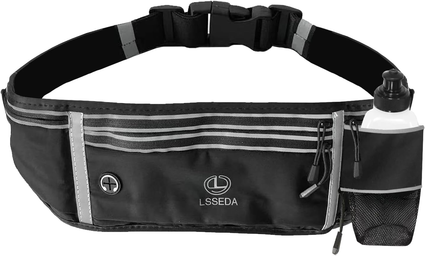 Running Belt with Water Bottle for Men Women, Waist Pack with 4 Pockets, Reflective Strap, Adjustable, Black