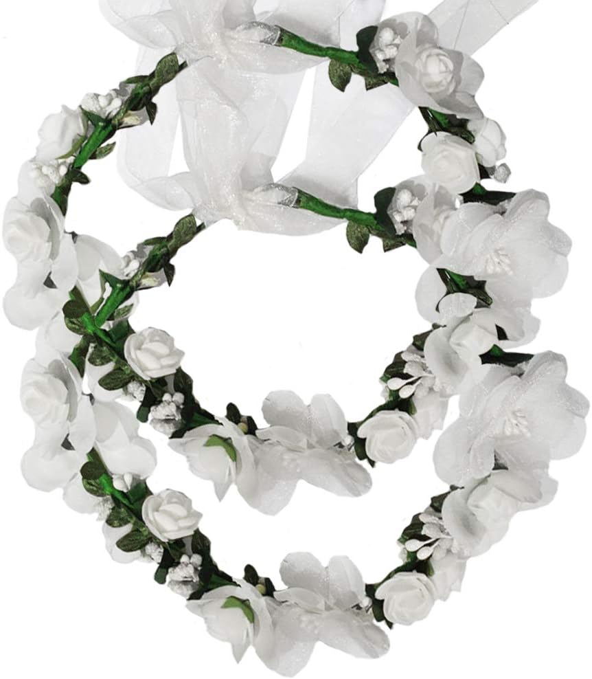 Flower Crown Headband Wreath Garland Hair Bands Floral Wedding Bridal Hair Hoop Women Leaf Ribbon Party Decoration Headdress Headwear Christmas Handmade Headpiece Hair Accessories 2 Pack White