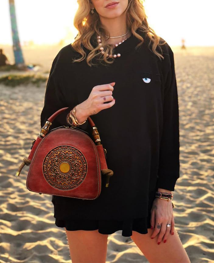 Genuine Leather Pocketbooks for Women, Retro Organizer Top Handle Satchel Totem Leather Handbag Ladies - Image 2