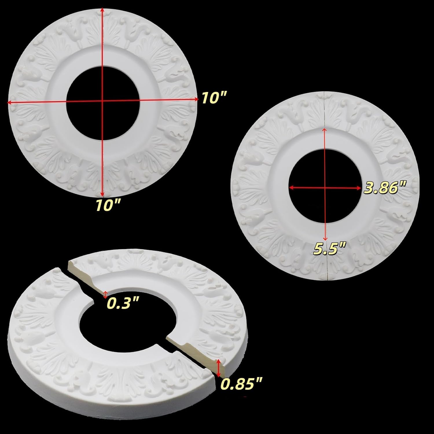 White Split Ceiling Medallions 2Pcs, 10" OD x 3.86" ID, European Vintage Carving Style Cover Plate Ornament, Decorative Synthetic Foam Base Fit for 3.86 Inch Canopy Light Fixtures Ceiling Fan