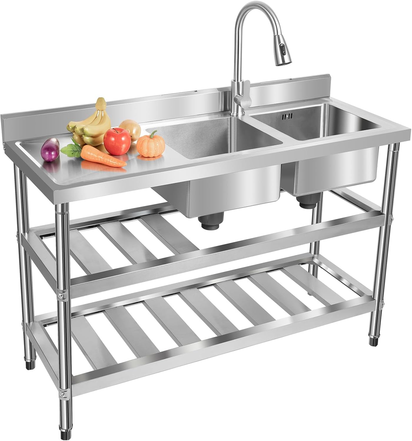 Free Standing Stainless-Steel Double Bowl Kitchen Sink Set, Commercial Restaurant Sink, 201 Stainless Steel Utility Sinks w/Faucet& Storage Shelves Indoor Outdoor