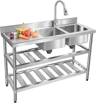 Stainless Steel Utility Sink with Drawable Hot & Cold Water Faucet, 2 Compartment Free Standing Commercial Kitchen Sink Double Bowl Outdoor Sink for Restaurant Garage 47.2x17.7x31.9in