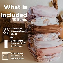 Nora\'s Nursery Cloth Diapers 7 Pack with 7 Inserts & 1 Wet Bag - Waterproof Cover, Washable, Reusable & One Size Adjustable Pocket Diapers for Newborns and Toddlers - Magnolia