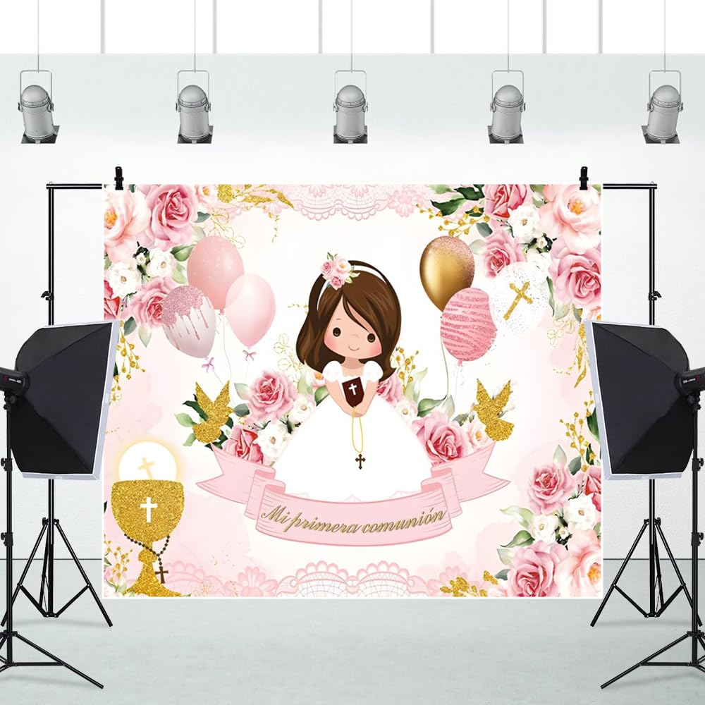 ZARROUEA Fotohintergrund 'Mi Bautizo' Mit Eukalyptus & Blumen – 7x1,5 M Vinyl Für Tauf-Party & Babyshootings