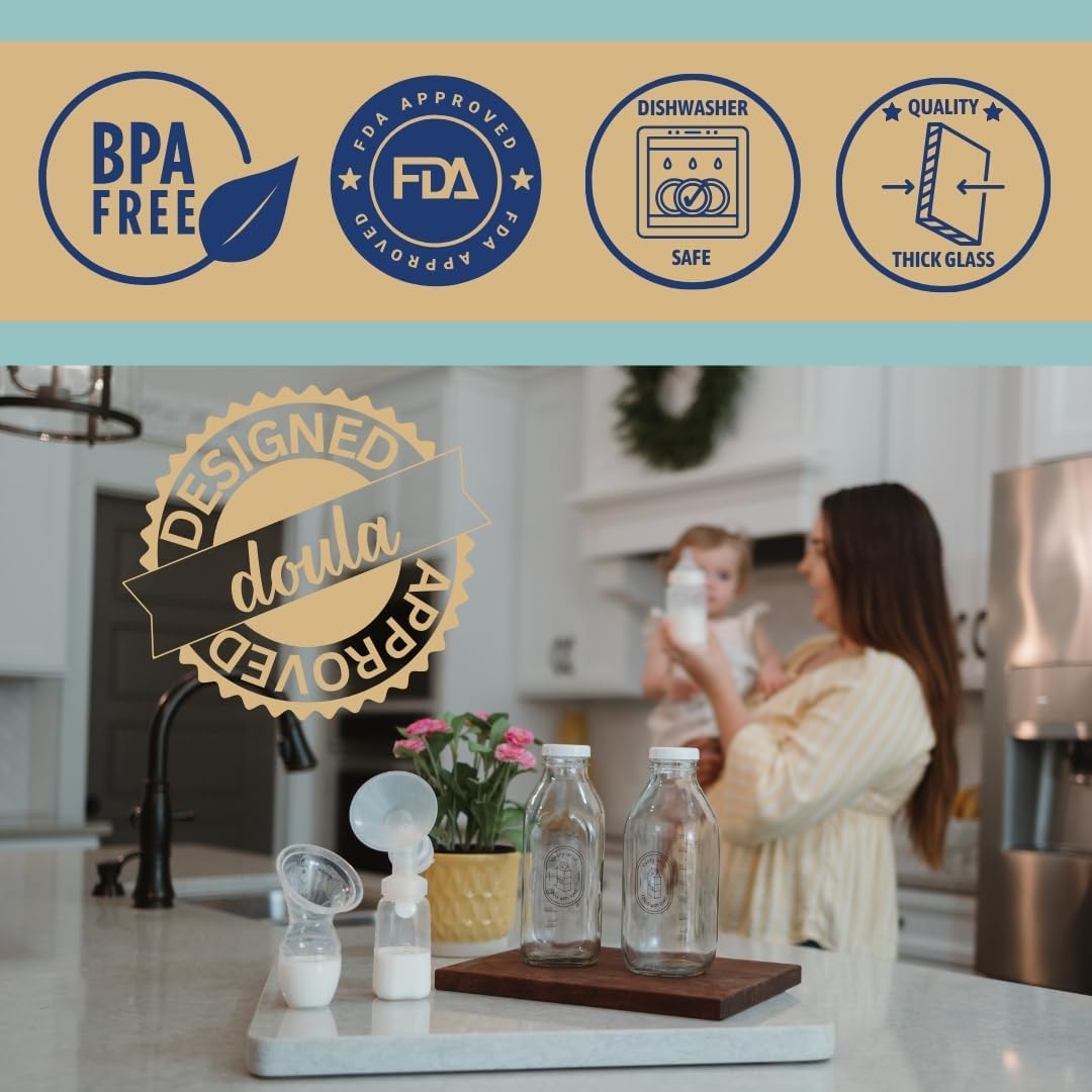 Breast Milk Pitcher Set - 2 Pack 32 oz Glass Pitcher for Breastmilk Storage Containers for Fridge w/labels and extra lids - Dishwasher Safe Formula Glass Bottle