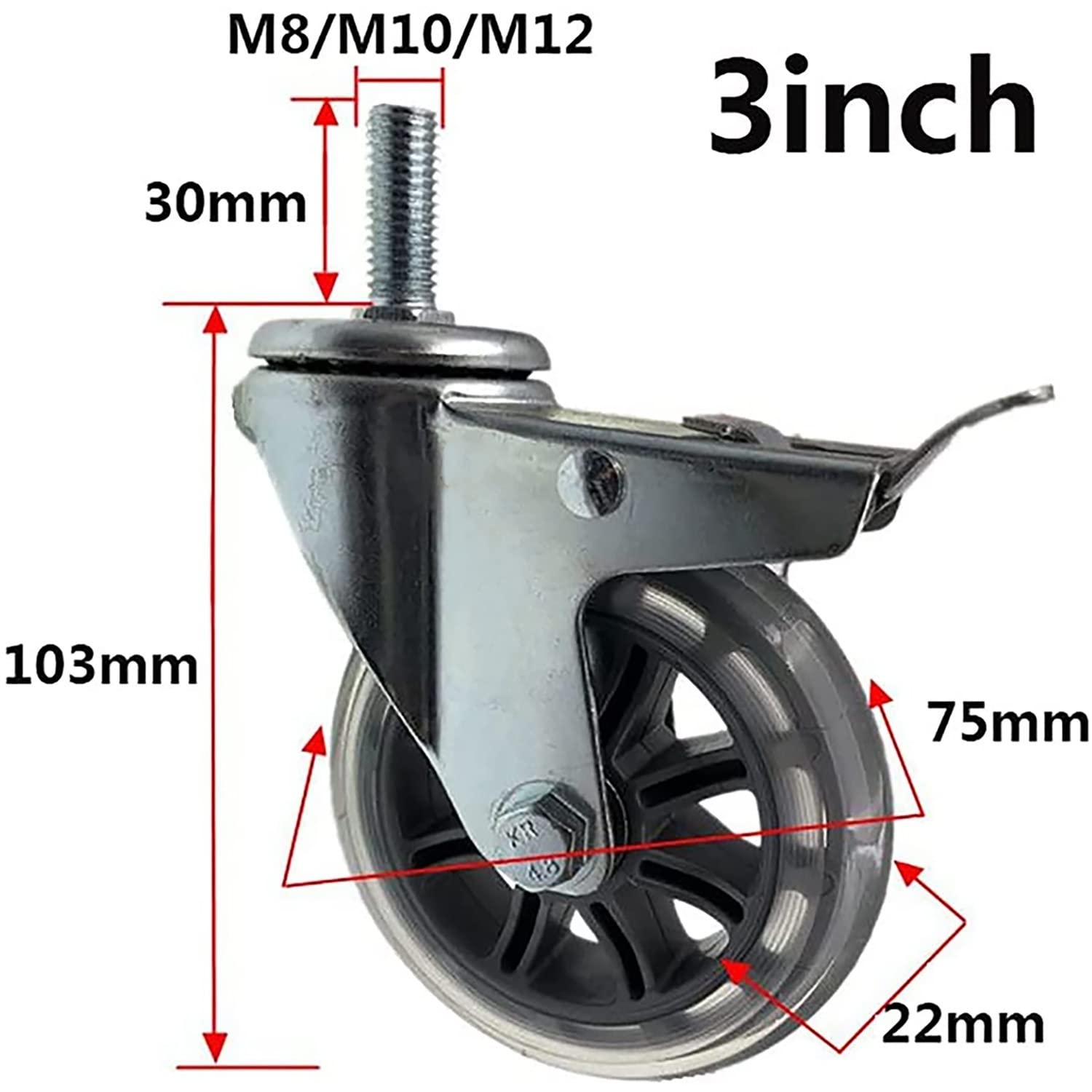 4 Stück 75mm Lenkrollen Schwere Lenkrollen M8M10/M12 Gummirollen mit Gewinde für Möbel Trolley Karren Belastbarkeit 300kg (Color : Drehen, Size : M12) (Color : White