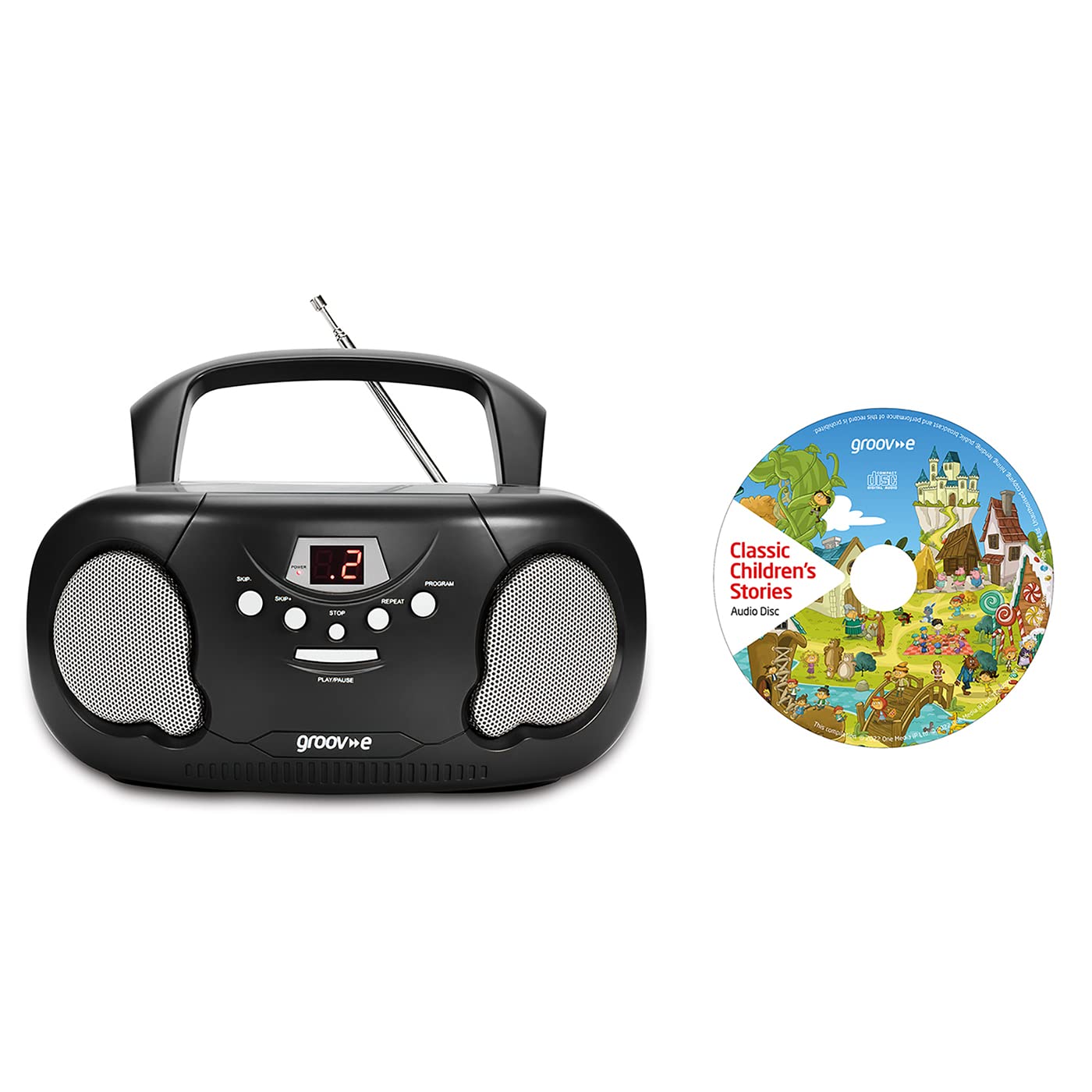 Groov-e Orginal Boombox & Kids Story CD Bundle - Portable CD Player with Radio, 3.5mm Aux Port, & Headphone Socket - CD Features 10 Classic Children's Stories - Battery or Mains Powered - Black