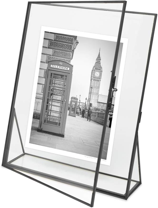 Isaac Jacobs 8x10, Black, Vintage Style Brass and Glass, Floating Photo Frame, Metal, (Vertical), with Locket Closure and Angled Base, for Pictures, Art, Mementos, Keepsakes (8x10, Black)