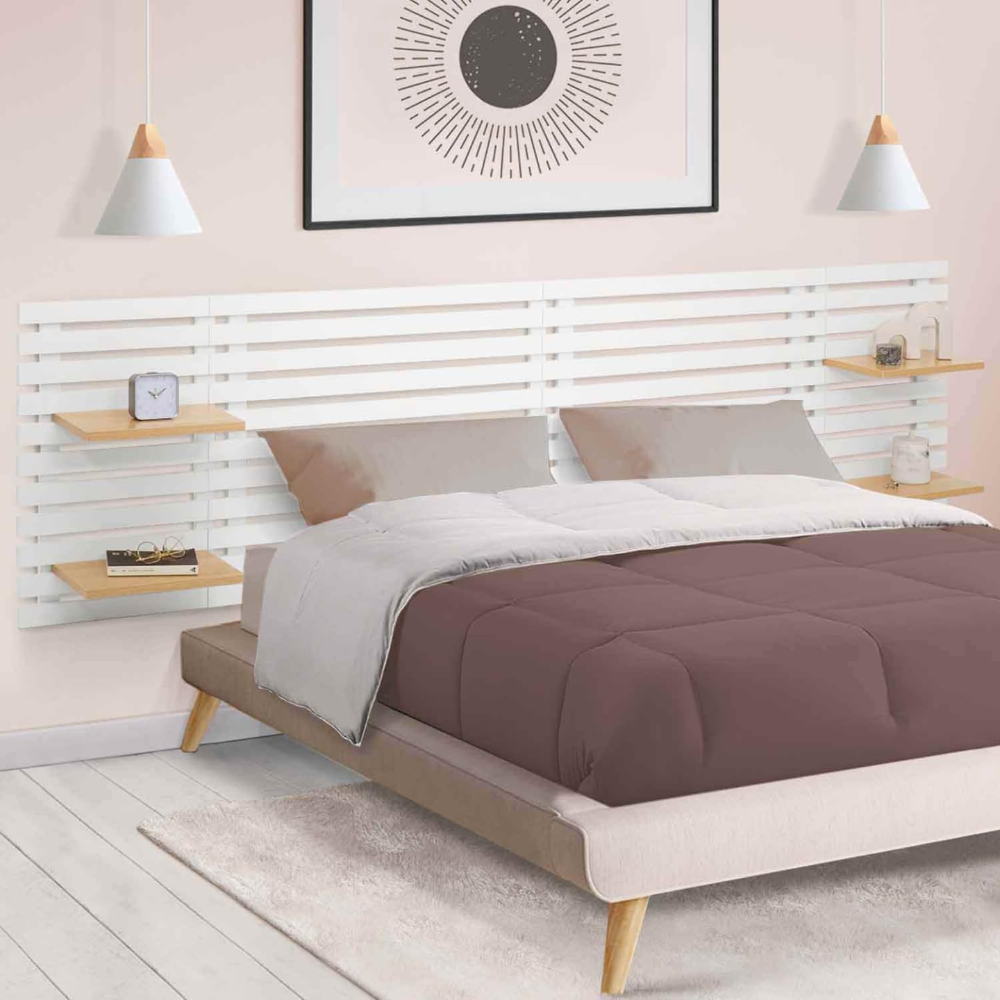 IDMarket - AVA 240 CM testiera a doghe in legno bianco con ripiani in stile faggio