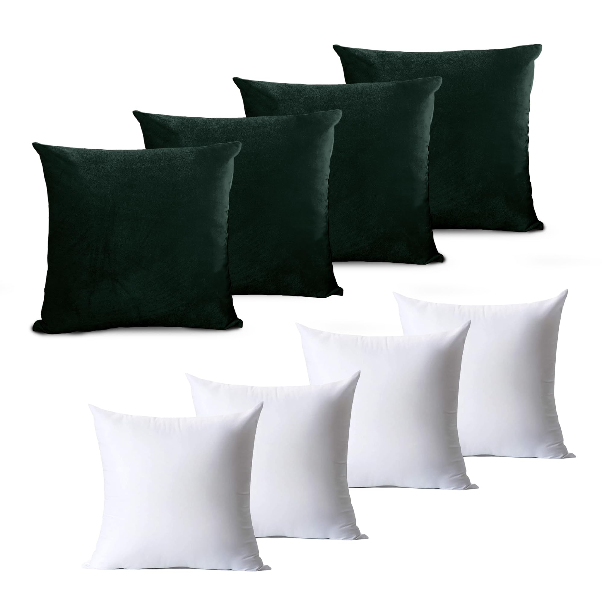 Hafaa Velvet Cushions with Covers Included 8 Pieces (4 Cushion Covers, 4 Cushion Inserts 45cm x 45cm) (8 Piece Set, Dark Green)