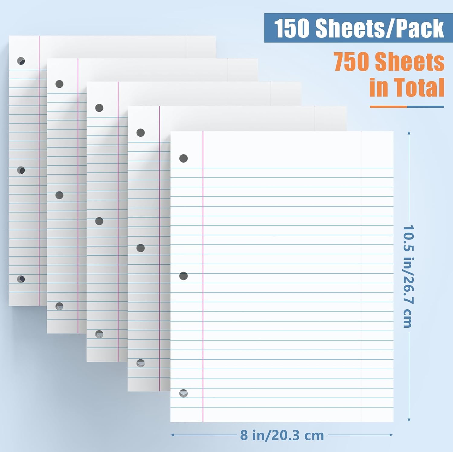 Loose Leaf Notebook Paper 750 Sheets 5 Packs Bulk for 3 Ring Binder, 8x10.5 Filler Paper Wide Ruled 3-Hole Punched Lined Paper for Writing Office Business School College Home (150 Sheets/Pack)