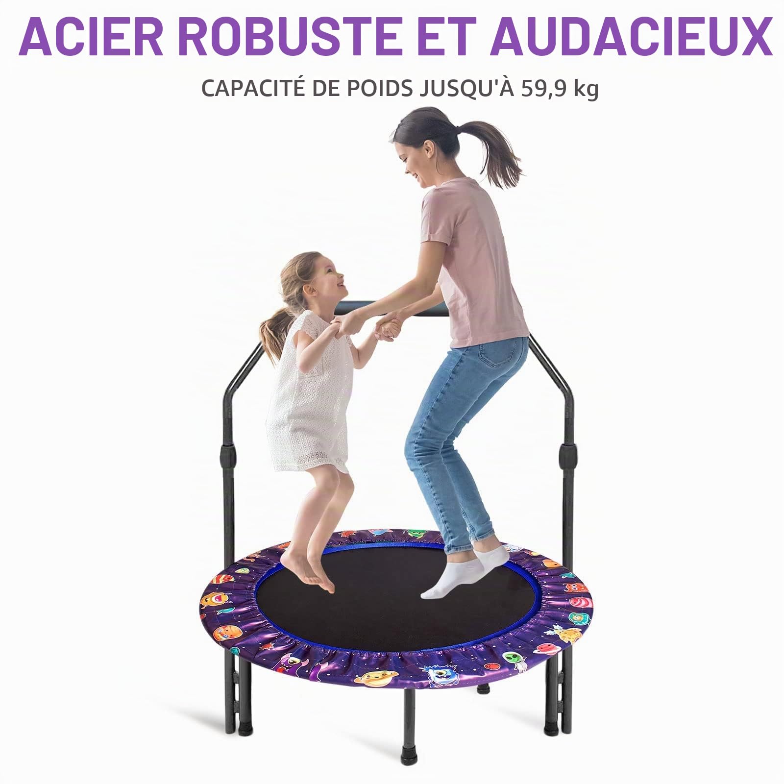 Mini trampoline pour enfants de 91 cm pour intérieur et extérieur avec poignée réglable et couverture de protection rembourrée de sécurité, pliable pour que les jeunes enfants jouent et fassent de