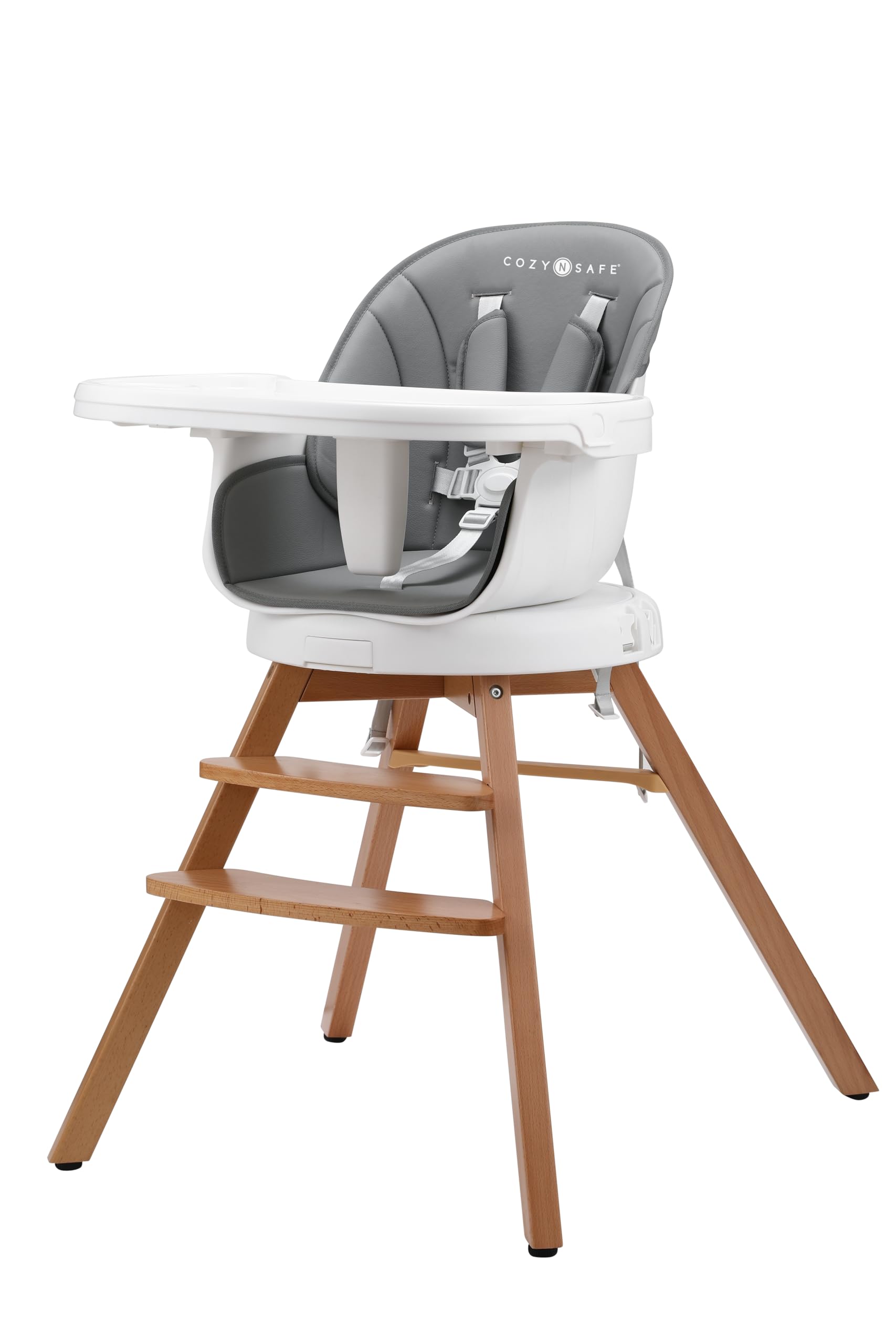 Cozy N Safe 360 Swivel High Chair in high chair mode, booster mode, and low chair mode.