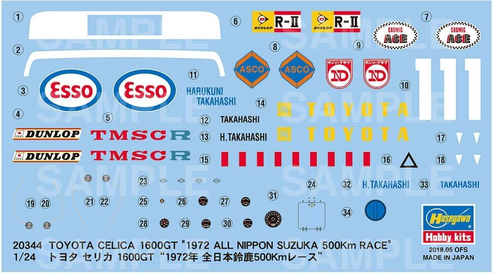 Hasegawa 020344 1/24 Toyota Celica 1600GT, 1972 All Nippon Suzuka 500 km plastikowy zestaw modelarski, akcesoria modelarskie, hobby, modelarstwo, wielokolorowe