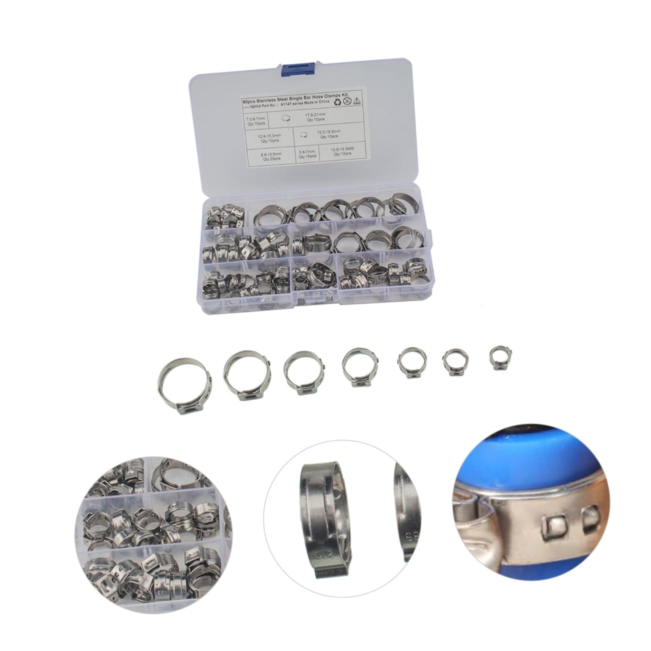 130 Stück Edelstahl Schlauchschelle, Einohrig, 7 Größen, Silber