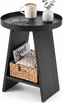 2-Tier Round End Table with 17.7 inch Tray Top, Black | Round Side Table with Storage Shelf, Modern Farmhouse Industrial Wood Nightstand for Living Room, Bedroom, Small Spaces