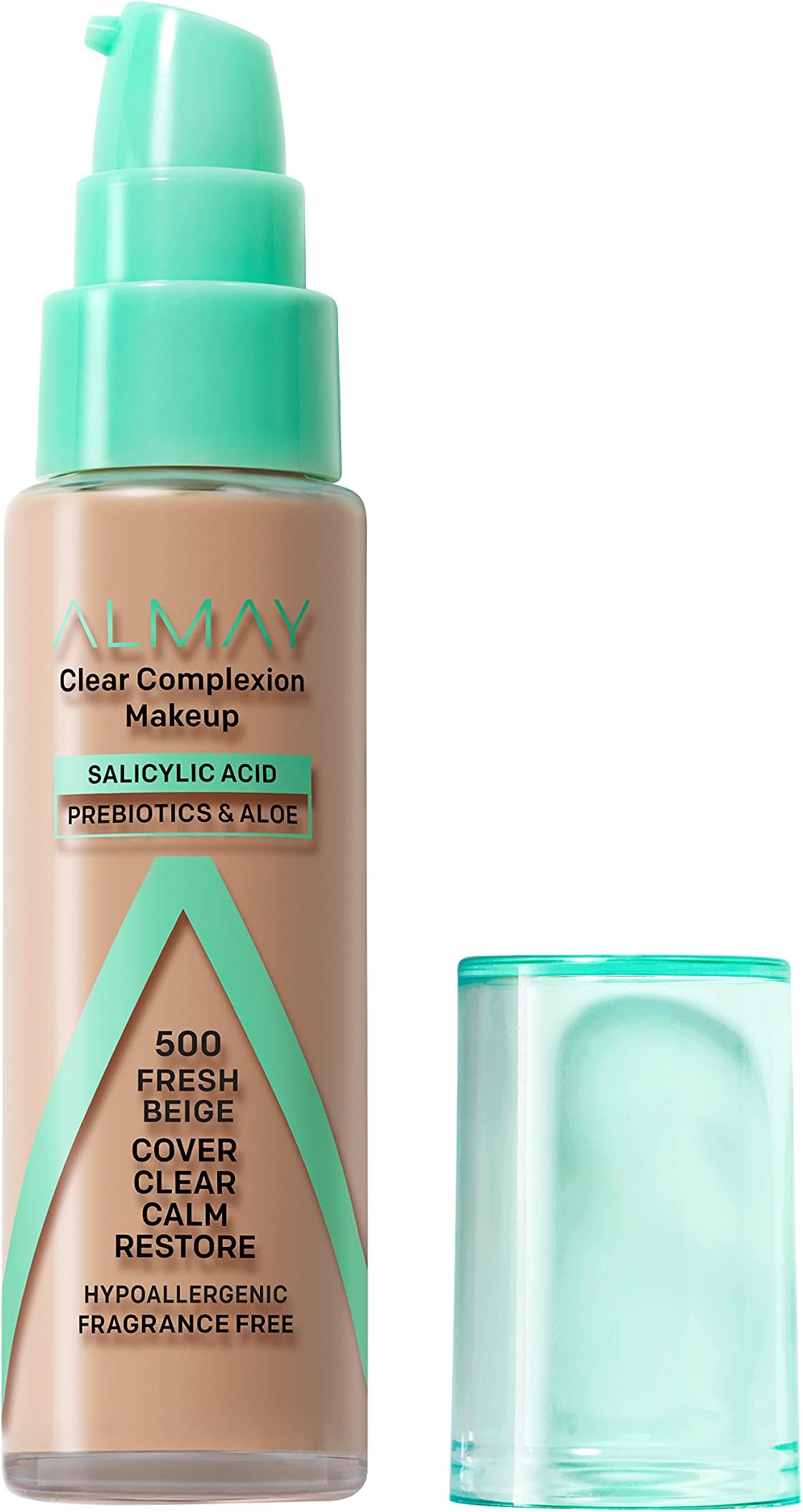 Almay Clear Complexion Acne Foundation Makeup with Salicylic Acid, Medium Coverage, Soft Matte Finish, Hypoallergenic, Cruelty- & Fragrance-Free, Dermatologist Tested, 500 Fresh Beige, 1 fl oz