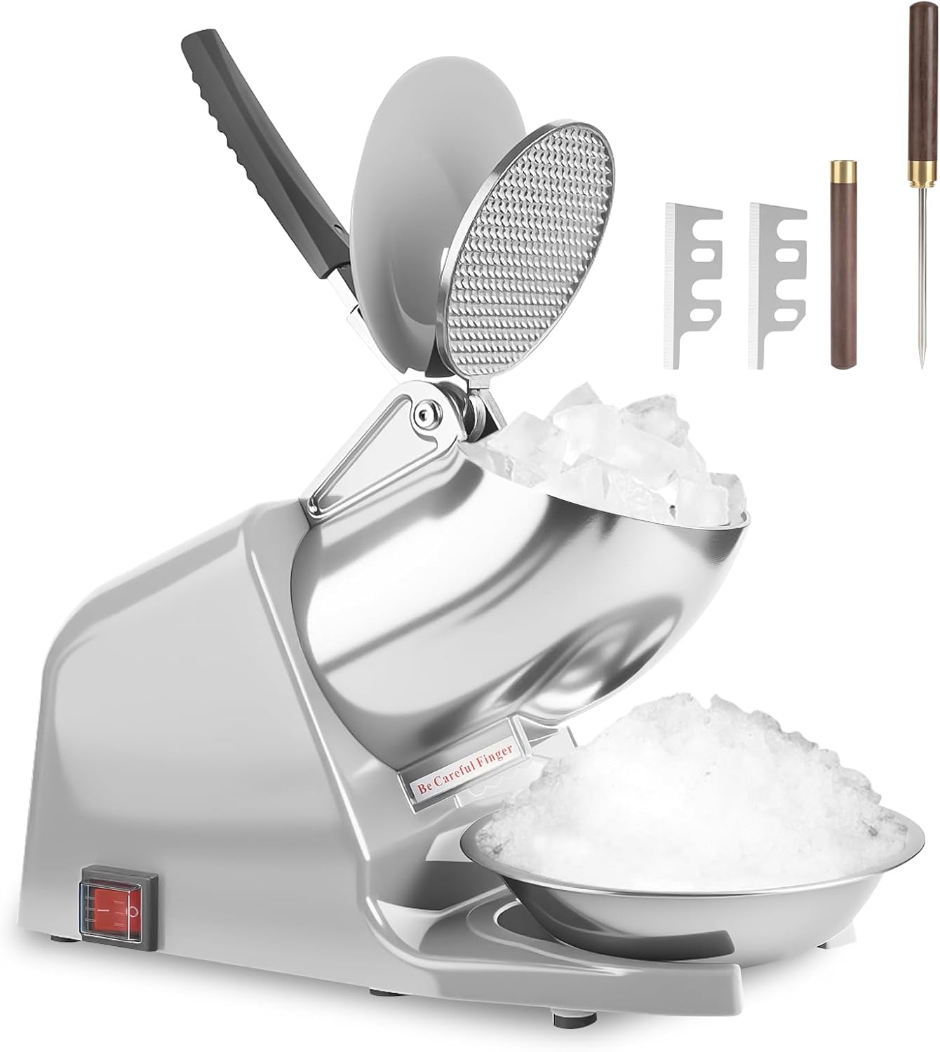 Dual Blades 143 lbs/hr Electric Ice Crusher, 300W Ice Shaver, 2200 RPM Shaved Ice Machine with Extra Blade and Ice Pick for Home and Commercial Use, ETL-Listed, Silver