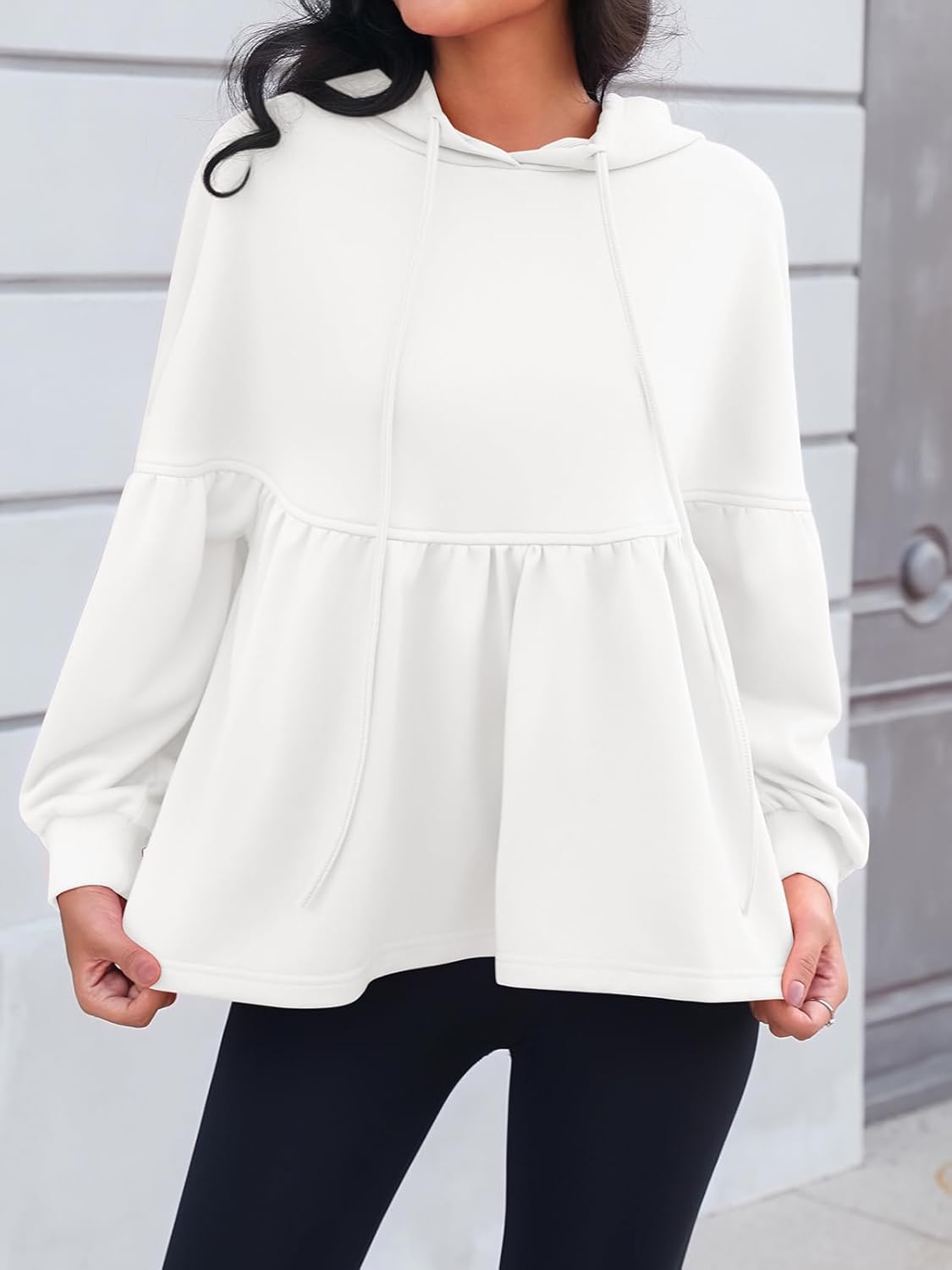 Womens Hoodies Oversized Sweatshirts Casual Lantern Sleeve Peplum Tops Drawstring Loose Hooded Pullover Workout Top White L - Image 2