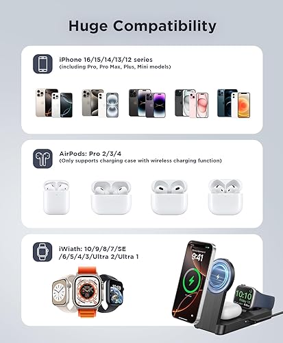 Miniatura 4 de Estación de carga magnética inalámbrica 3 en 1 para iPhone cargador portátil plegable para iPhone 17-12 Pro Max y Apple Watch y AirPods, para Apple