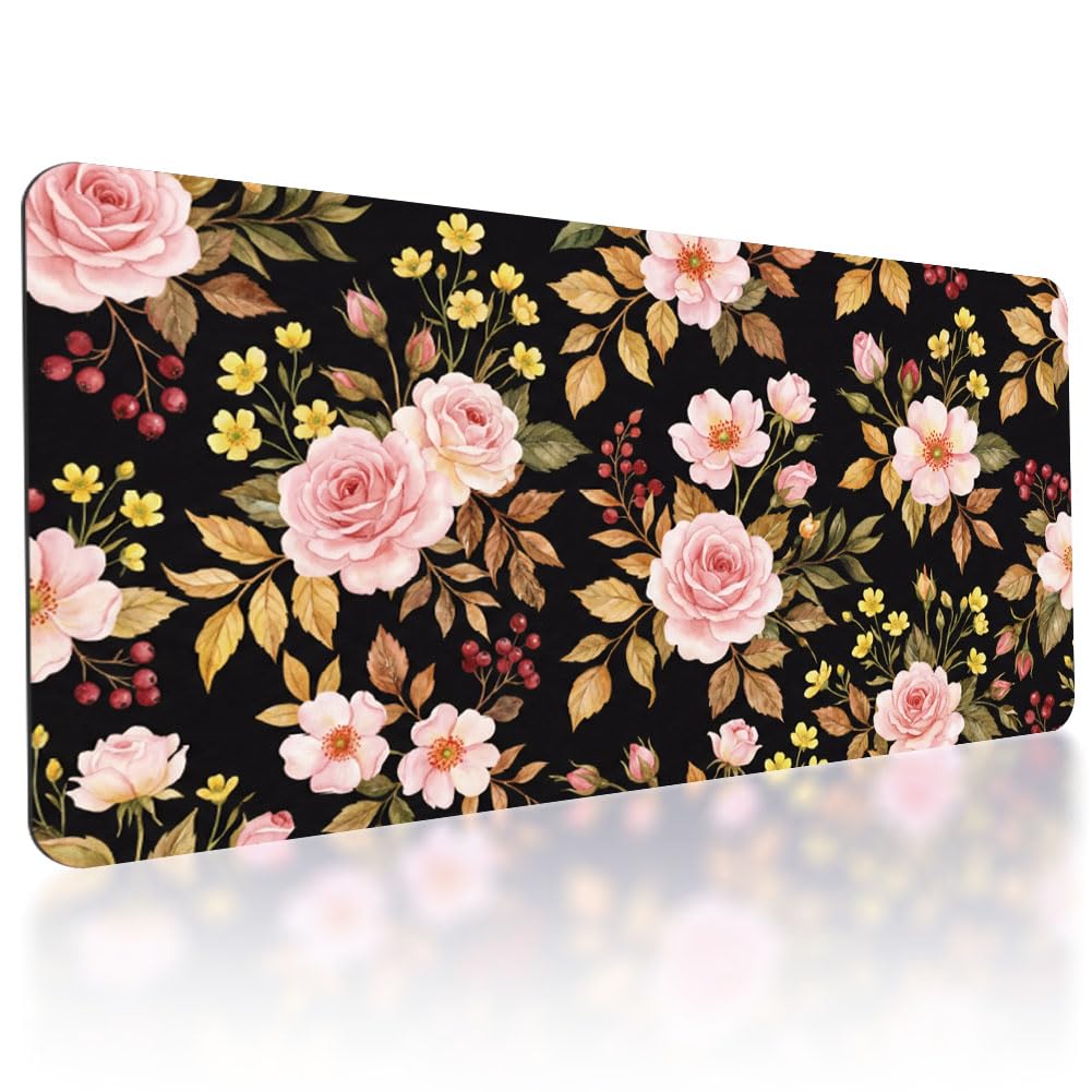 TNKBREEZE Large Mouse Pad Rose Flowers Extended Gaming Mousepad for Office Home Black Big Desk Mat with 3mm Thick Non-Slip Rubber Base Keyboard Mats for Gaming Laptop PC Desktop Decor 15.7 x 31.5inch