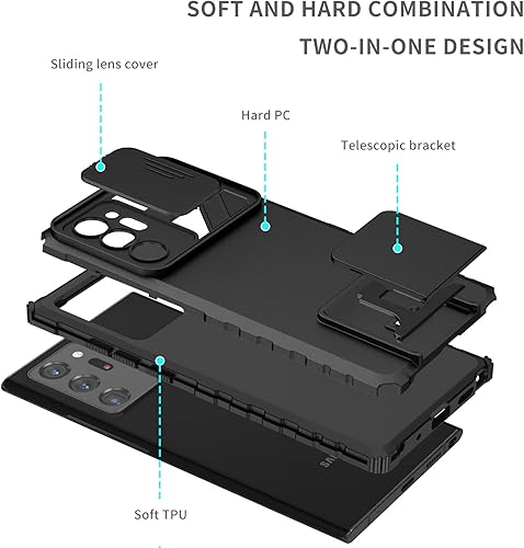Miniatura 2 de Funda para Samsung Galaxy Note 20 Ultra 5G con cubierta de cámara deslizante, Armor Silicone TPU Bumper Funda de PC resistente con soporte, funda