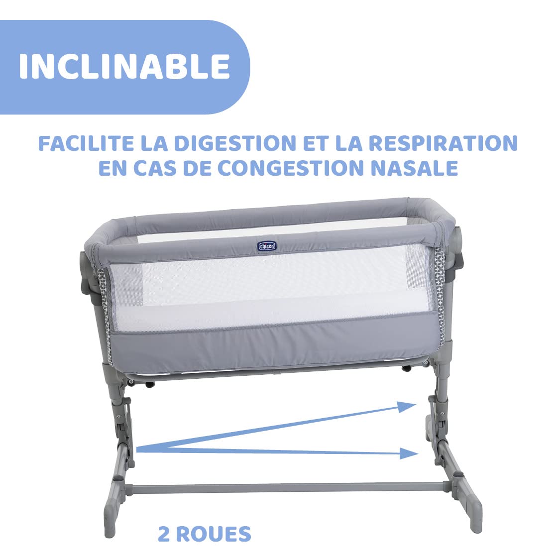 Chicco Next2Me Go Berceau Bébé Lit Latéral, Compatible avec Plusieurs Lits, Réglable en Hauteur, Bonne Circulation d’Air, Berceau de Voyage, Lit de Voyage, Pliable, Gris Clair