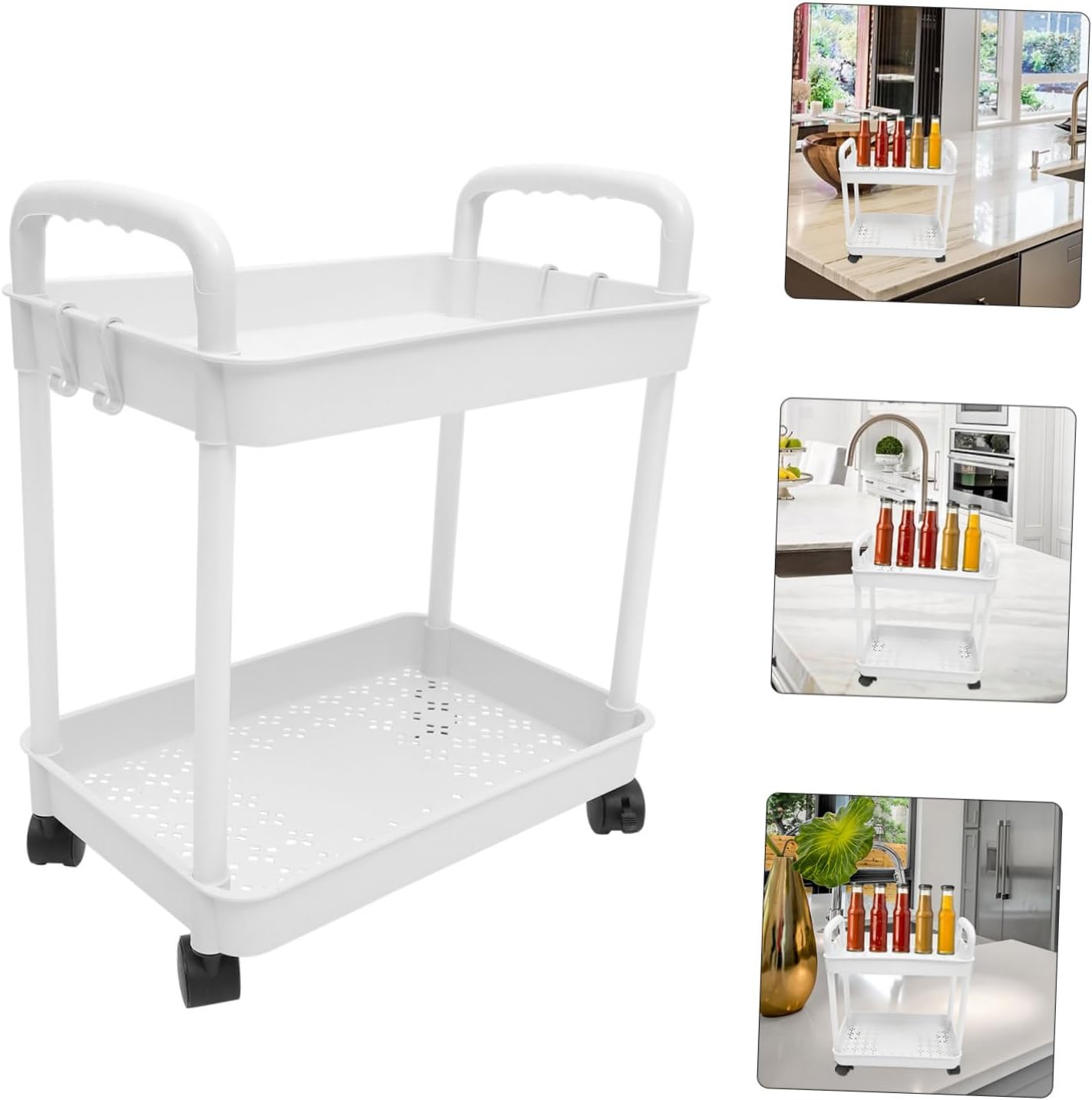 Double Tier Rolling Utility Cart with Swivel Wheels – Multi-Layer Kitchen & Bathroom Trolley Rack for Home & Office Storage White
