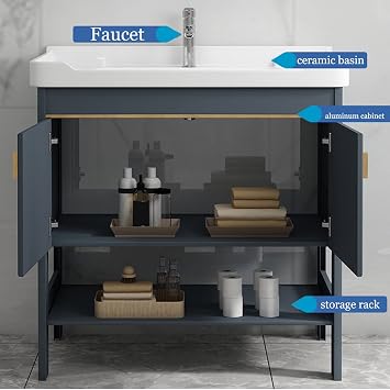 Ceramic Bathroom Sink Console Pedestal laundry Sinks free standing Wash Basin sinks Porcelain Vessel Basin Rectangle with Metal Legs Stand Vanity Sink Storage Shelf for Farmhouse,Restaurant ( Size : L
