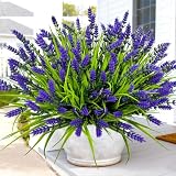 Artificial Faux Plants Outdoor Fake Flowers, 22 Bundles UV Resistant Artificial Flowers Outdoor Fake Plants, Plastic Faux Lavender Flowers with Monkey Grass for Porch Garden Planter Yard Window Box