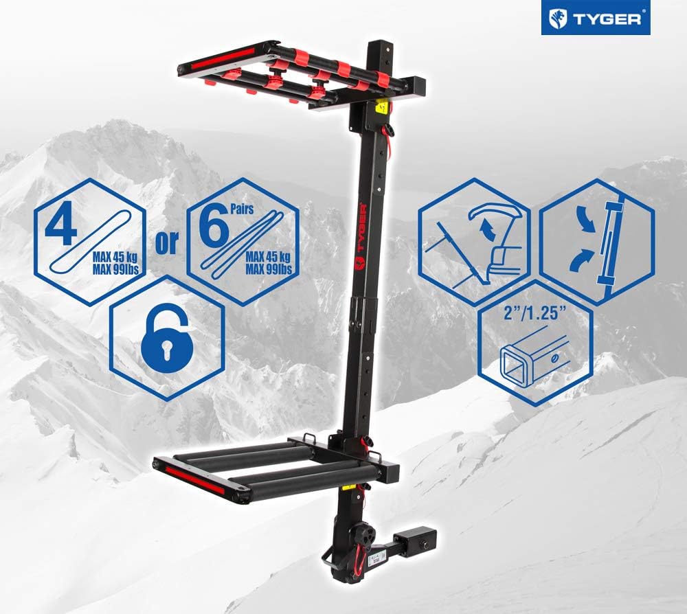 Tyger Auto TG-RK1B707B Folding Hitch-Mounted Ski/Snowboard Rack Fits 2" or 1.25" Receiver Carries 6 Pair Skis or 4 Snowboards | Key Lock | Security Strap | Vertical Adjustable | Tilt Access : Sports & Outdoors