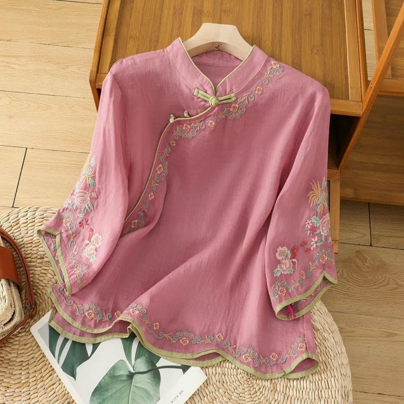 Women's Summer Asymmetrical Hem Embroidered Cotton Linen Short Sleeve Loose Top Retro Frog Button Literary Style