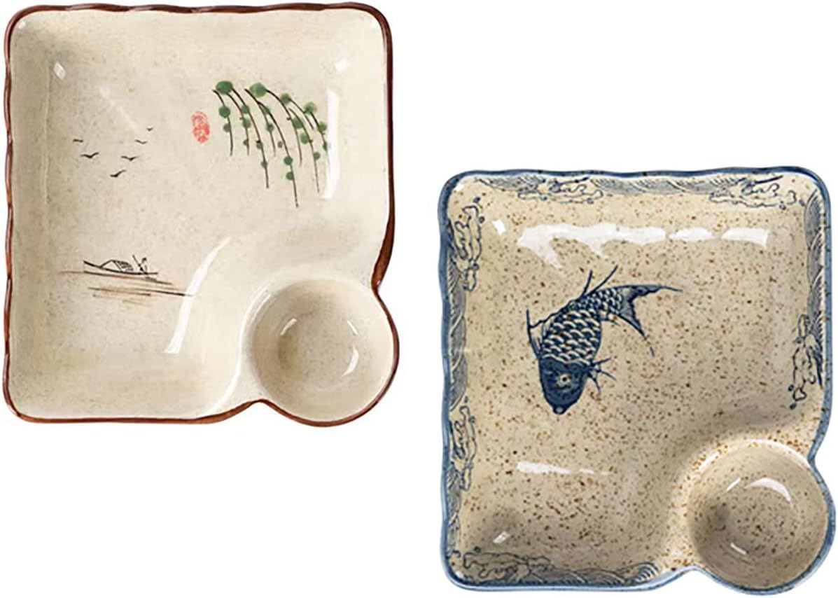 Ceramic Dumpling Plate with Dipping Saucer, Sushi Dish, Serving Plate Chips and Snack Plate, 7.5 Inch - Set of 2 (Fish)