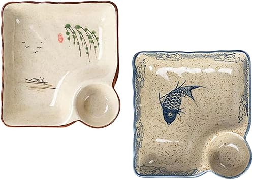 Ceramic Dumpling Plate with Dipping Saucer, Sushi Dish, Serving Plate Chips and Snack Plate, 7.5 Inch - Set of 2 Fish