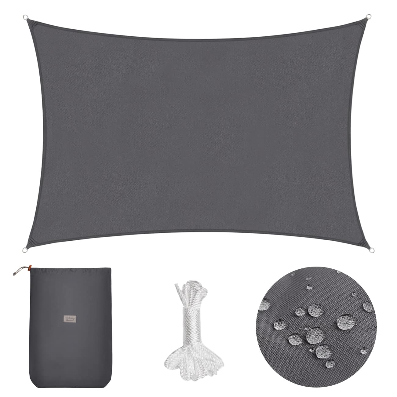 Sekey Sonnensegel Wasserdicht 2x3m Rechteckig – ohne Mittelnaht, hochdichtes PES 160g/m², mit Edelstahl-Ringen & Lotus-Effekt, reißfest & 95% UV-Schutz, für Balkon Terrasse Garten, Anthrazit