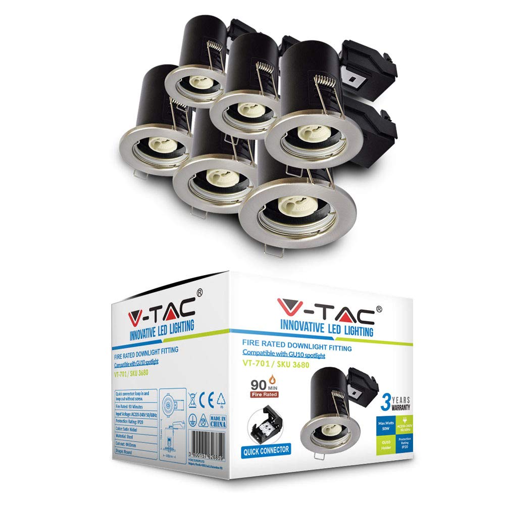 V-TAC Downlights for Ceiling Fire Rated Fitting for LED Downlights | IP20 Fire Rated Downlight Recessed GU10 Fitting ø65mm Cutout Size [Pack of 6] Nickel — image 1