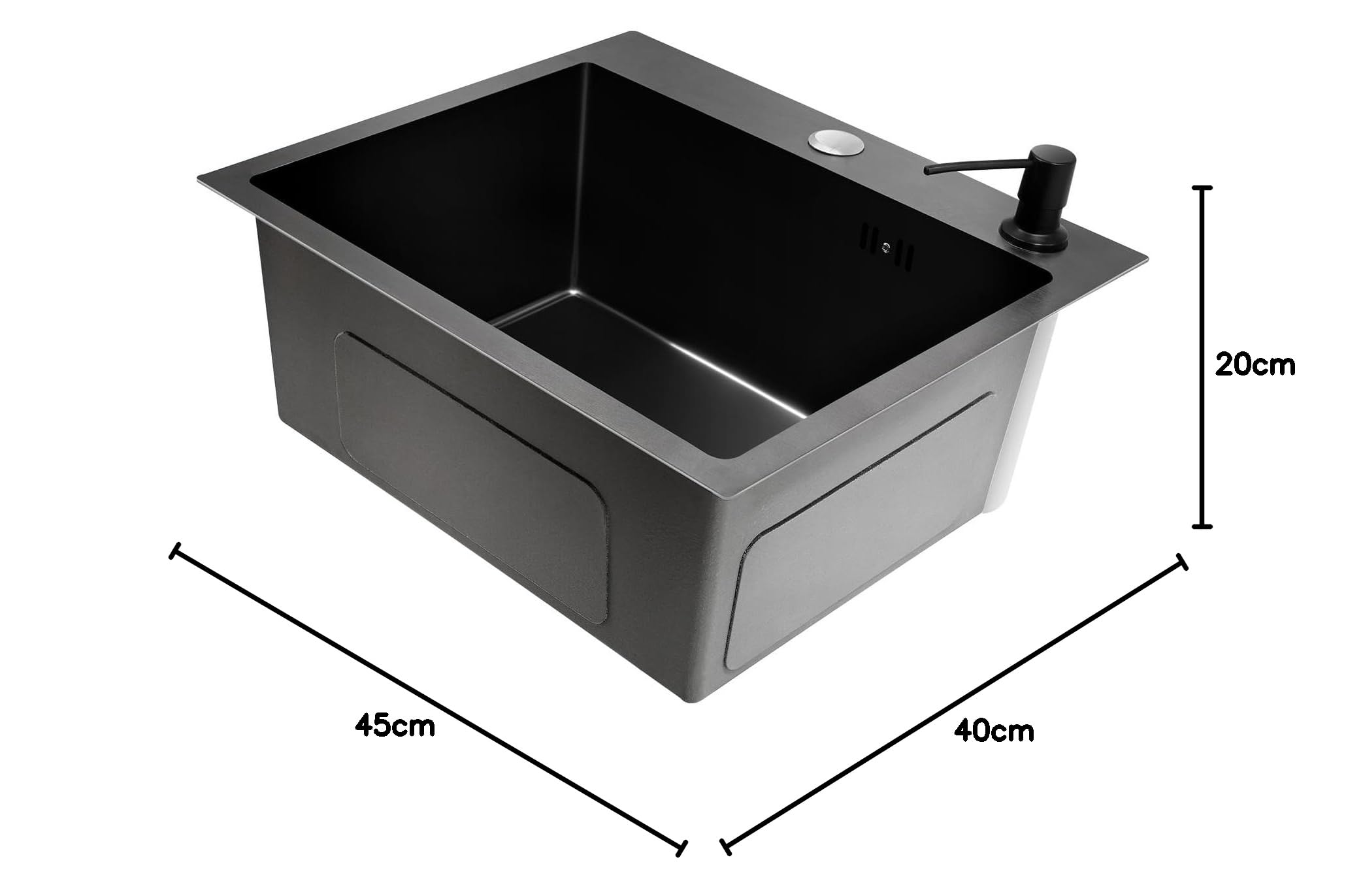 Spüle Spülbecken Schwarz 40 x 45 cm Einbauspüle Küchenspüle Edelstahl Rechteckig, Spüle Küche mit Seifenspender, Moderne Edelstahlspüle mit Ablaufgestell, 1 Becken