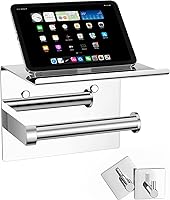 Vista 36 de Tindbea Toilet Paper Holder with Phone Shelf + Towel Robe Hooks, Adhesive or Screw Wall Mounted Toilet Paper Roll Storage, Stainless Steel Bathroom